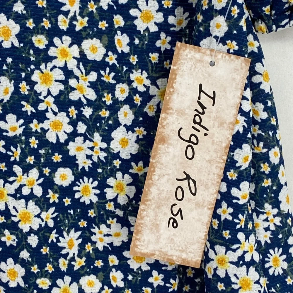 Indigo Rose Juniors Size Medium Button Front Blouse Blue Yellow Floral Print - Picture 5 of 10